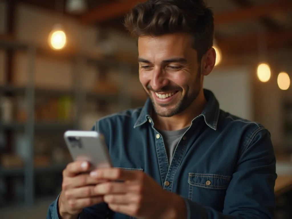 Local business owner smiling at phone — more calls, more customers